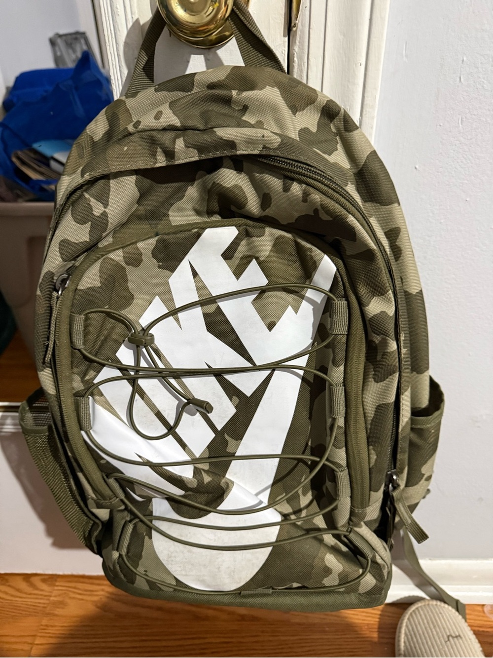 Nike Olive Camo Backpack with White Logo and Front Bungee